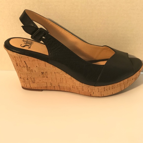 Sofft Peep Toe Wedges Black Leather Size 8 - Picture 3 of 14
